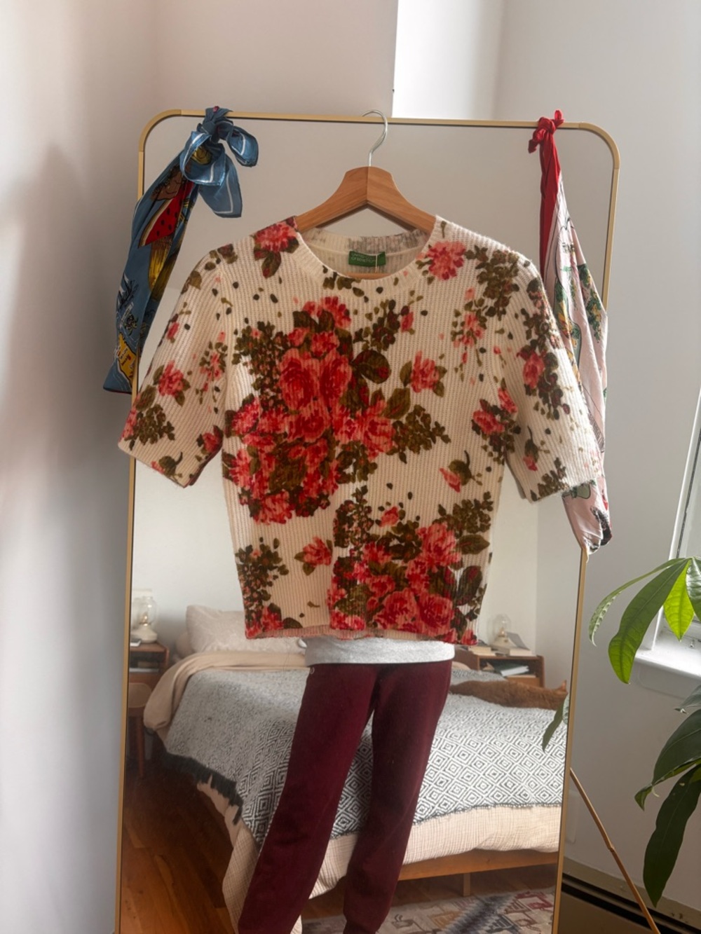 United Colors Of Benetton Cream Floral Knit Sweater with Pink & Olive